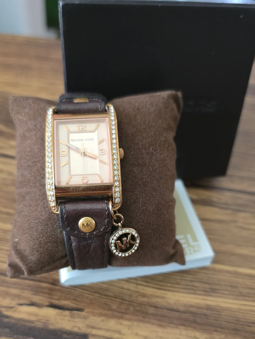 Michael Kors Rose Gold-Tone Rectangular Watch with Brown Leather Strap